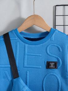 2pcs/Set Boys' Casual Solid Color Crew Neck Short Sleeve T-Shirt And Shorts, Regular Fit, With Pouch, Summer - Blue - View 3