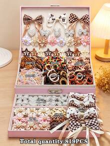 VBOOR 819pcs Vintage Princess Style Hair Accessories Set, Suitable For Women. Includes Checkerboard Ribbon Bow Hair Clips, Rhinestone Heart/Bowknot/Rabbit Mixed Hair Clips, Fabric Faux Pearl Flower Hair Clips, High Elasticity Non-Damaging Hair Ties. Multi-Category Matching Set For Daily/Party/Commute Wear.,Clips For Hair - Multicolor - View 9