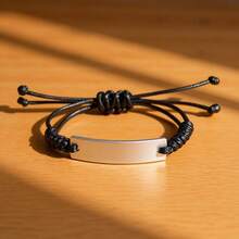 Women Charm Bracelet - Curved Plate - Steel Color + Waxed Rope - Pink - View 1
