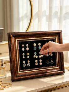 1pc European Vintage Solid Wood Square Jewelry Stand With Velvet Fabric, Suitable For Storing Rings, Earrings, Necklaces And Other Accessories, Also Can Be Used As A Vanity Decor And Jewelry Storage Tray - Multicolor - View 4