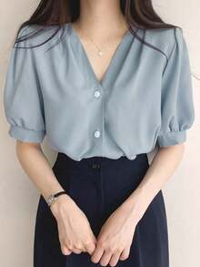 CZJ Camisa de manga corta de unicolor con escote en V y botones delanteros para verano - Azul - Ver 1