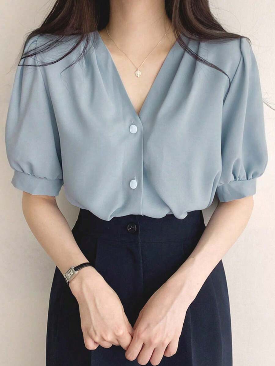 CZJ Camisa de manga corta de unicolor con escote en V y botones delanteros para verano - Azul - Ver 1