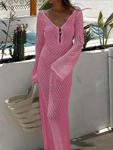Women's Long Sleeve Hollow Out Swimsuit Cover Up, Elegant Bohemian Style V-Neck Maxi Dress For Vacation Beach Summer - Cherry Blossom Pink - View 5