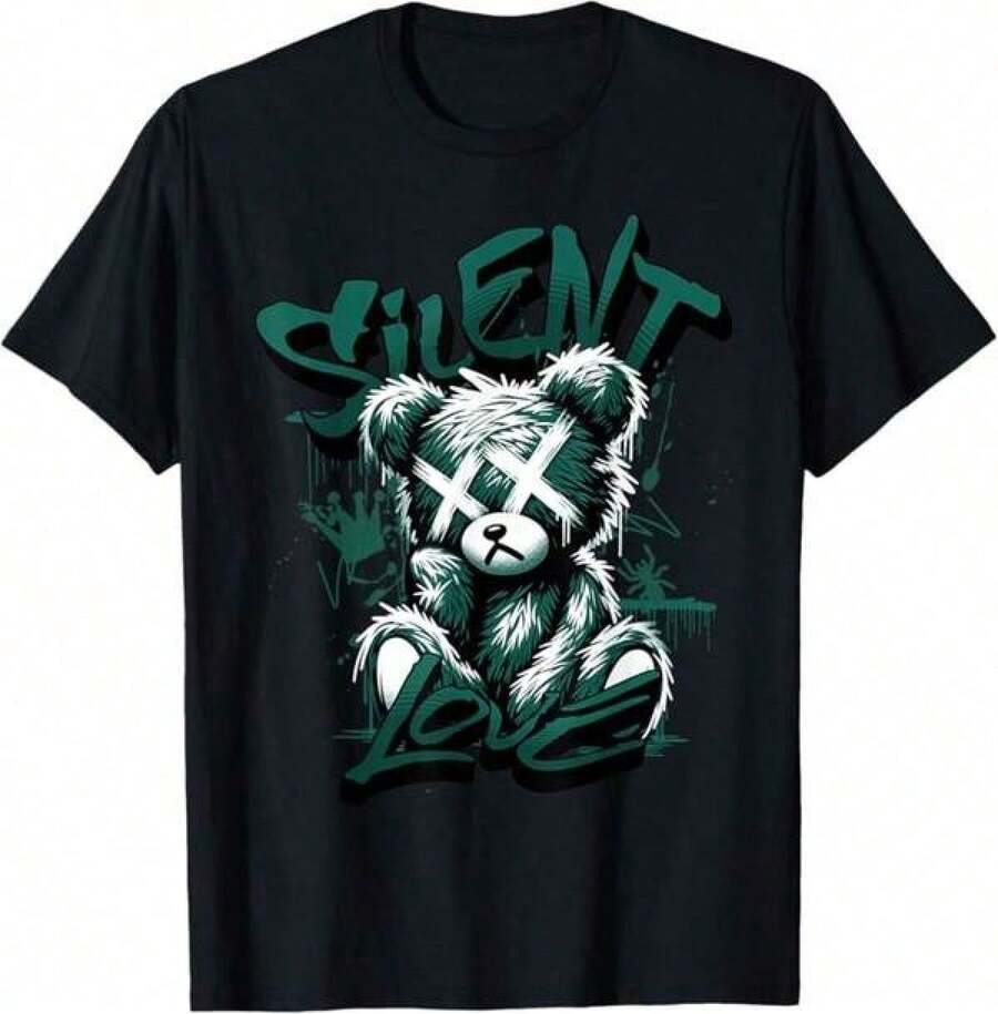 Camiseta estampada, camisetas de algodón con gráficos, tallas grandes, cuello redondo de dibujos animados, manga corta, camisetas gráficas, camisetas Y2K, camiseta Silent Love verde oxidado 4s a juego para hombre y mujer, camisetas, tops, Y2K, camisa oversize para hombre, con camisa, tops de verano, camisa adecuada. - Negro - Ver 1