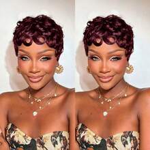1B Black, 4# Brown, 99J Burgundy, 27# Gold Curly Short Pixie Cut Wig, Suitable For Gift To Loved Ones And Daily Wear, Made Of Brazilian Human Hair, Glue-Free Full Machine Woven Layered Wig - Multicolor - View 5