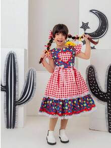 Short-Sleeved Puff-Sleeved Dress For Girls, Luxury Children's Clothing, Versatile, Stylish, Blogger-Worthy, Birthday Gift, Flared With Ruffles, Country, June Festival, Events, Party, Floral Print, Plaid, Premium, Square Dance, São João Set With Bow, Flowers, Lace. - Đỏ - Xem 3