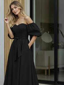 Women's Off Shoulder Long Dress Adjustable Belt Puff Sleeve - 黑色 - 查看 2