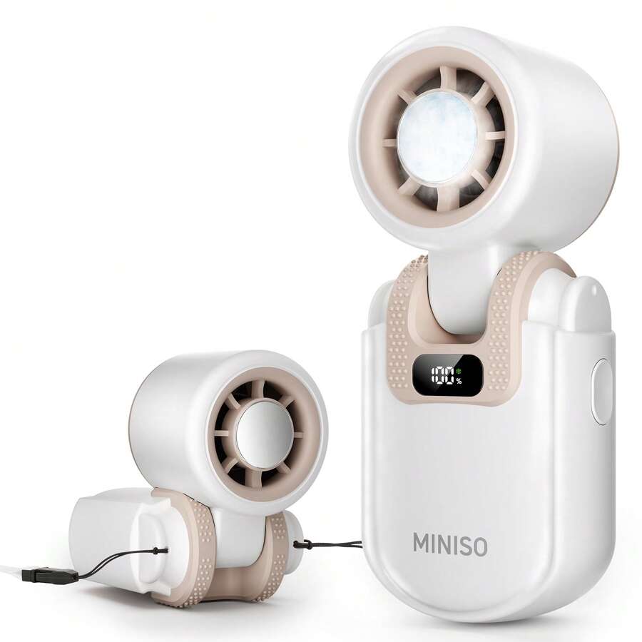 MINISO 手持冷敷風扇，2400mAh 便攜式迷你風扇，可折疊個人風扇，5 段風速調節與智慧數位顯示，USB 充電式小口袋風扇，適合旅行、化妝、辦公室、戶外使用，含 1 個掛繩