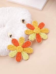 1 Pair Handmade Bohemian Style Raffia Flower Earrings, Retro Contrast Color Metal Earrings, Suitable For Beach, Party, Afternoon Tea, Daily Commute - Orange - View 5