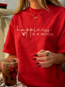 Casual Loose Fit T-Shirt: Short-Sleeved T-Shirt With A Simple And Cute Print, Casual And Versatile Style For Vacations, Round Neck, Loose Fit, Suitable For Everyday Wear And Holidays. Short-Sleeved Printed T-Shirt, Suitable For Everyday Wear In Summer, Suitable For Holidays Such As Valentine's Day, Back To School, Teacher's Day, Etc. Short-Sleeved T-Shirt With Letter Print, Soft, Loose And Comfortable, Relaxed Street Style And Versatile For Vacations - 紅色 - 查看 1