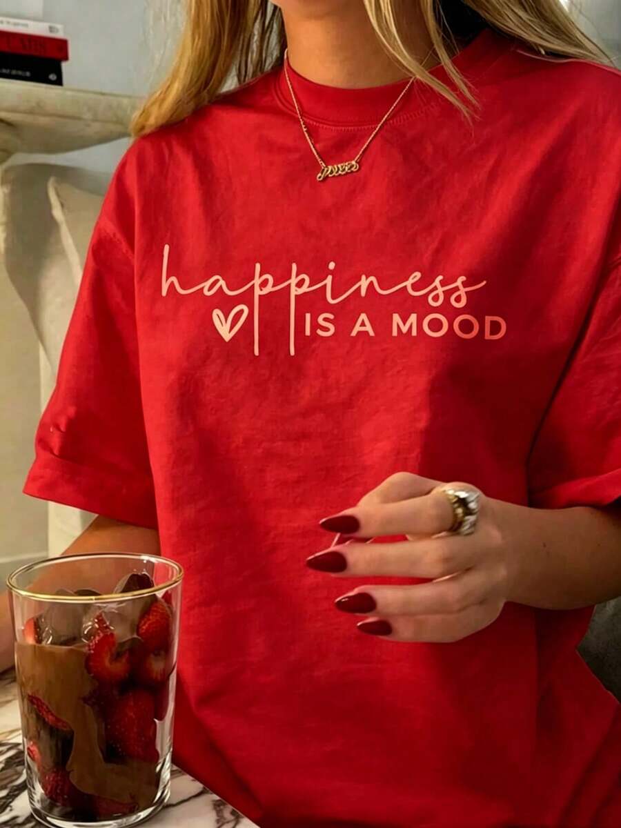 Casual Loose Fit T-Shirt: Short-Sleeved T-Shirt With A Simple And Cute Print, Casual And Versatile Style For Vacations, Round Neck, Loose Fit, Suitable For Everyday Wear And Holidays. Short-Sleeved Printed T-Shirt, Suitable For Everyday Wear In Summer, Suitable For Holidays Such As Valentine's Day, Back To School, Teacher's Day, Etc. Short-Sleeved T-Shirt With Letter Print, Soft, Loose And Comfortable, Relaxed Street Style And Versatile For Vacations - 紅色 - 查看 1