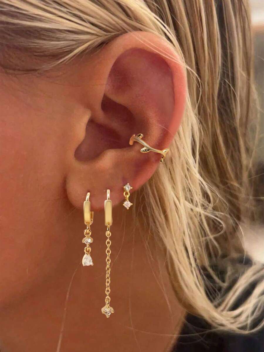 Nooxian Set Anting Zirkonia Emas 4 Buah: Anting Manset Ular + Anting Lingkaran Tetes Air + Anting Tusuk Rumbai Rantai, Desain Berlapis Mewah