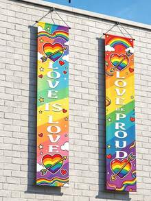 2pcs Rainbow Porch Banner, Heart Pride Month Door Banner, Home & Outdoor Decor. Everyone Is Welcome Here. Love Is Love. - Multicolor-- - View 3