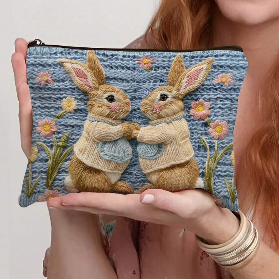 1pc 3D Printed Cute Alpaca Handbag, Cartoon Farm Animal Cosmetic Storage Bag, 3D Effect Sheep And Clover Grassland Zipper Pouch, Suitable For Travel, Daily Use, Gift - Multicolor - View 1