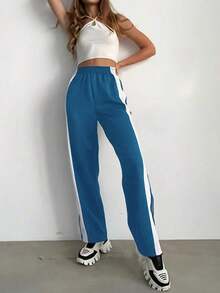 Pantalones de pierna ancha a rayas blancas y azul marino, con rayas blancas y cierre de botones - Pantalones deportivos casuales, de corte holgado, aptos para deportes y uso diario (lavables a máquina) - Aberturas de pierna sin elástico Negro Primavera - Azul eléctrico - Ver 3