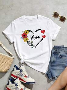 Women's Summer T-Shirt, Casual, Soft, Round Neck, Short Sleeve, Floral Print With Heart And The Word "Mom". White. - 白色 - 查看 2