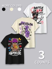 Single Garment, Not A 3-Piece Set, Set Of 1 Women's Short-Sleeved Round Neck T-Shirt With Unique Letter And Pattern Prints, Suitable For Everyday Street Wear. - White - View 2