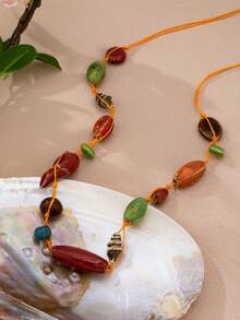 1/2 Pcs Handmade Bohemian Earth Tone Beads Charm Necklace For Women, Summer Boho Layered Statement Necklace, Jewelry - Multicolor - View 7