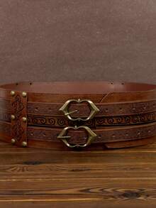 1pc Medieval Viking Fantasy Wide PU Leather Belt, Phoenix Embossed Waist Cincher, Suitable For Renaissance Fair, LARP, Cosplay And Halloween - Brown - View 3