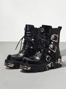 AYUSTONG Women's Solid Black Punk Style Wedge Platform Ankle Boots, Front Lace-Up Metal Buckle Zipper Decor Combat Boots - Black - View 9