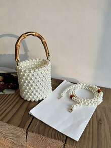 Fashionable, Lightweight, Large Capacity, Simple Daily Shoulder Bag, Niche Design, Versatile Handbag, Solid Color, Personalized, Exquisite Faux Pearl Crossbody Bag, Suitable For Shopping, Daily Outings, Parties - White - View 4
