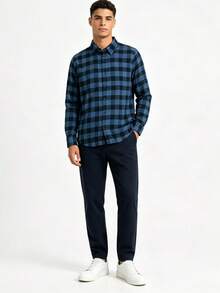 Men's Long-Sleeved Checkered Dress Shirt - 藍色 - 查看 1