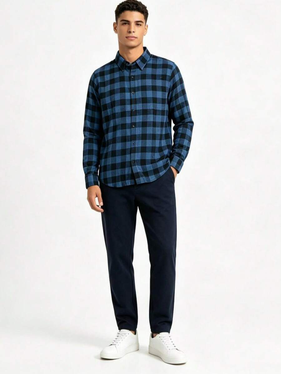 Men's Long-Sleeved Checkered Dress Shirt - 藍色 - 查看 1