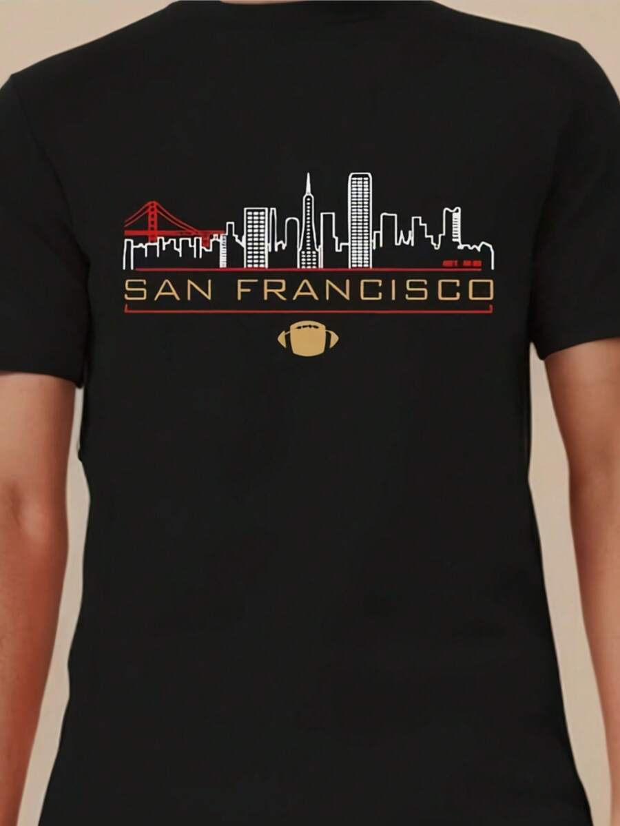 San Francisco 1946 SF Football Niners T-Shirt - Retro Vintage Crewneck Tee With Iconic & City Skyline Print, Red & Golden Suitable For Campus, Sports, Beach, Outdoor Wear - Unisex Casual Shirt For Niners Fans - 黑色 - 查看 1