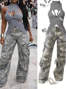 Vacation Outfits Women Black Crop Tank Top & Camo Print Multi-Pocket Cargo Pants Set, Summer Streetwear Co-Ord - 灰色 - 查看 9