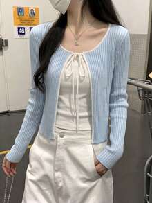 女款輕盈透視開襟針織外套，藍色長袖圓領薄網紗上衣，辦公休閒 Y2K 風格蝴蝶結扣夾克 - 藍色 - 查看 3