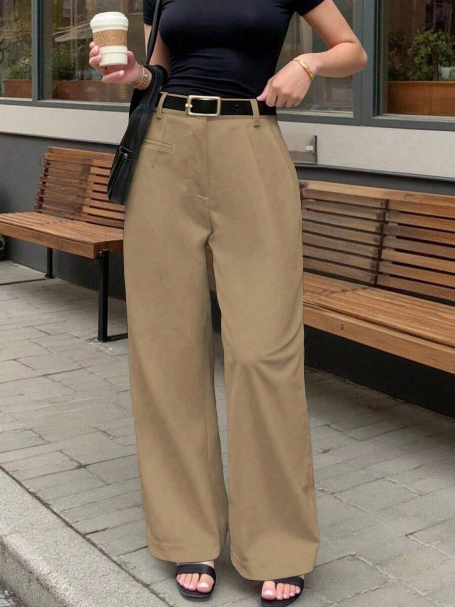 Women's Casual Comfortable Solid Color Suit Pants - 卡其色 - 查看 1