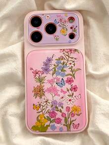 Cute Colorful Dopamine Flower Bow Painted Lens Pattern Pink & Purple Contrast Design Phone Case, Compatible With IPhone 17 Pro Max, 16, 15, 14 Pro Max, Vibrant Artistic Large Window Shockproof Protective Cover - Pink and Purple Flowers - View 4
