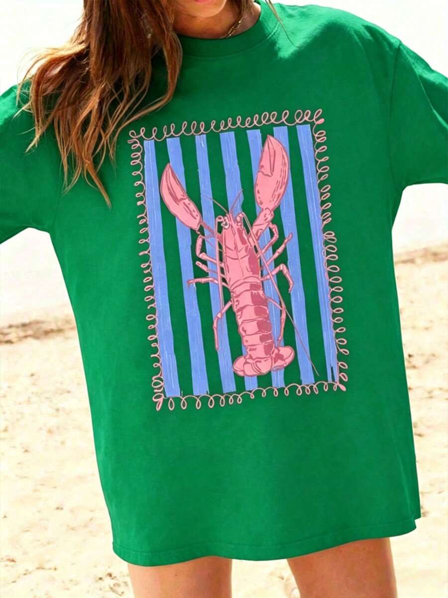 Graphic Women T‑Shirts,Women'S Pink Lobster And Blue Striped T-Shirt | White Casual Summer Beach Wear, Vertical Stripes And Wave Print, Pink Lobster D - 綠色 - 查看 1
