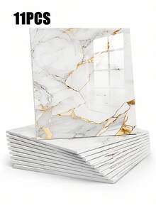 11pcs 0.9㎡ Pure White Smooth Surface Porcelain Tile Sticker, Waterproof Moisture-Proof Thickened Wall Upgrade Wallpaper, 3d Stereo Self-Adhesive Concealing WC Bathroom Sticker Panel - Gilded Rock - View 2