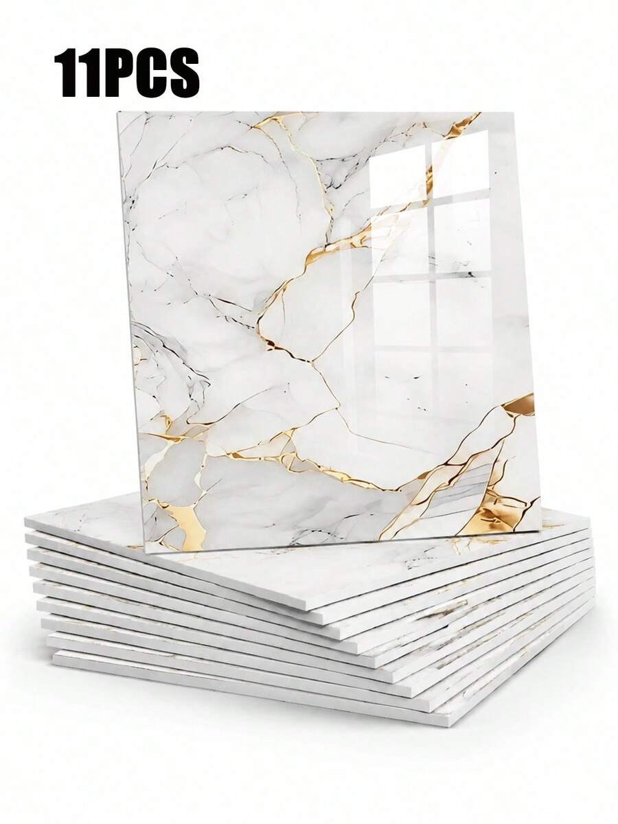 11pcs 0.9㎡ Pure White Smooth Surface Porcelain Tile Sticker, Waterproof Moisture-Proof Thickened Wall Upgrade Wallpaper, 3d Stereo Self-Adhesive Concealing WC Bathroom Sticker Panel