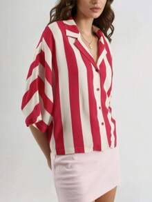 Relaxed Fit Striped Button-Down Shirt Carnation Pink - Red - View 4