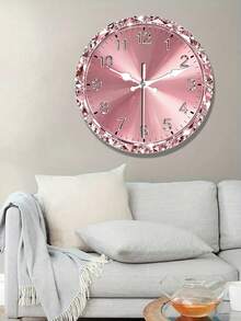1pc 2D Flat Romantic Pink Luxury Rhinestone Wall Clock, Suitable For Bedroom, Living Room, Office Decor, Size 10/12 Inches (Batteries Not Included) - Multicolor - View 1