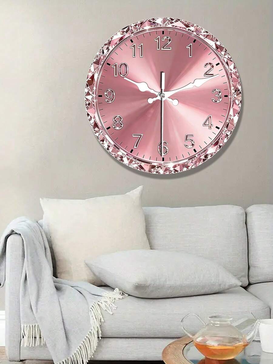 1pc 2D Flat Romantic Pink Luxury Rhinestone Wall Clock, Suitable For Bedroom, Living Room, Office Decor, Size 10/12 Inches (Batteries Not Included) - Multicolor - View 1