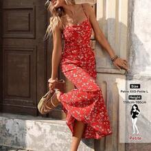 PETITE Vestido de verano con estampado floral rojo, con tirantes finos, espalda descubierta, ajustado a la cintura y con falda de cola de pez, para mujer - Rojo - Ver 2
