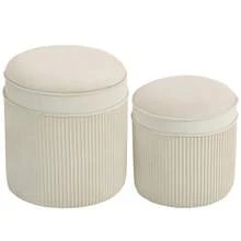Set Of 2 Storage Ottomans With Lids, Round Footstools With Velvet Look, 36 X 36 X 41.5 Cm, Cream White - 白色 - 查看 9