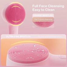 1 Piece Sweet Pink Smooth Solid Silicone Texture Silicone Facial Cleansing Brush, Electric Face Exfoliating Massager, Elegant Daily Universal Portable Waterproof Rechargeable Deep Cleansing Household Facial Skin Care Cleansing Tool Type, Multifunctional Skin Renew Scrub Device For Daily Exfoliating Blackhead Removing Pre-Sleep Relaxation, Skin Friendly Comfortable Beauty Care Facial Cleansing Tools - 彩色 - 查看 3
