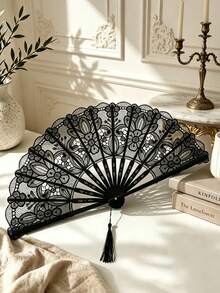 1pc Vintage Lace Folding Fan, French Elegant Handheld Fan In Black, White And Beige, Suitable For Hanfu, Lolita, Wedding, Bridesmaid, Lightweight Foldable Portable Fan, Luxury Ins Style - A - View 7