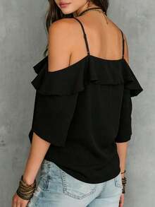 Blusa de hombros descubiertos ribete con fruncido - Negro - Ver 2