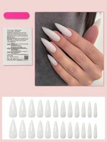 24 Stücke lange mandelförmige Aufklebe-Nägel, extra lange minimalistische künstliche Nägel, geeignet für Frauen und Mädchen für den täglichen Gebrauch, Nagelkunst Nagelbedarf - Weiss - Übersicht 2