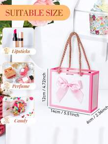 10个/套迷你纸质礼品袋，带蝴蝶结丝带，尺寸14X12X6厘米，粉色，带提手，适用于婴儿派对、婚礼、生日等场合，可用作回礼袋或礼品袋。 - 粉邊+粉蝴蝶結 - 查看 4