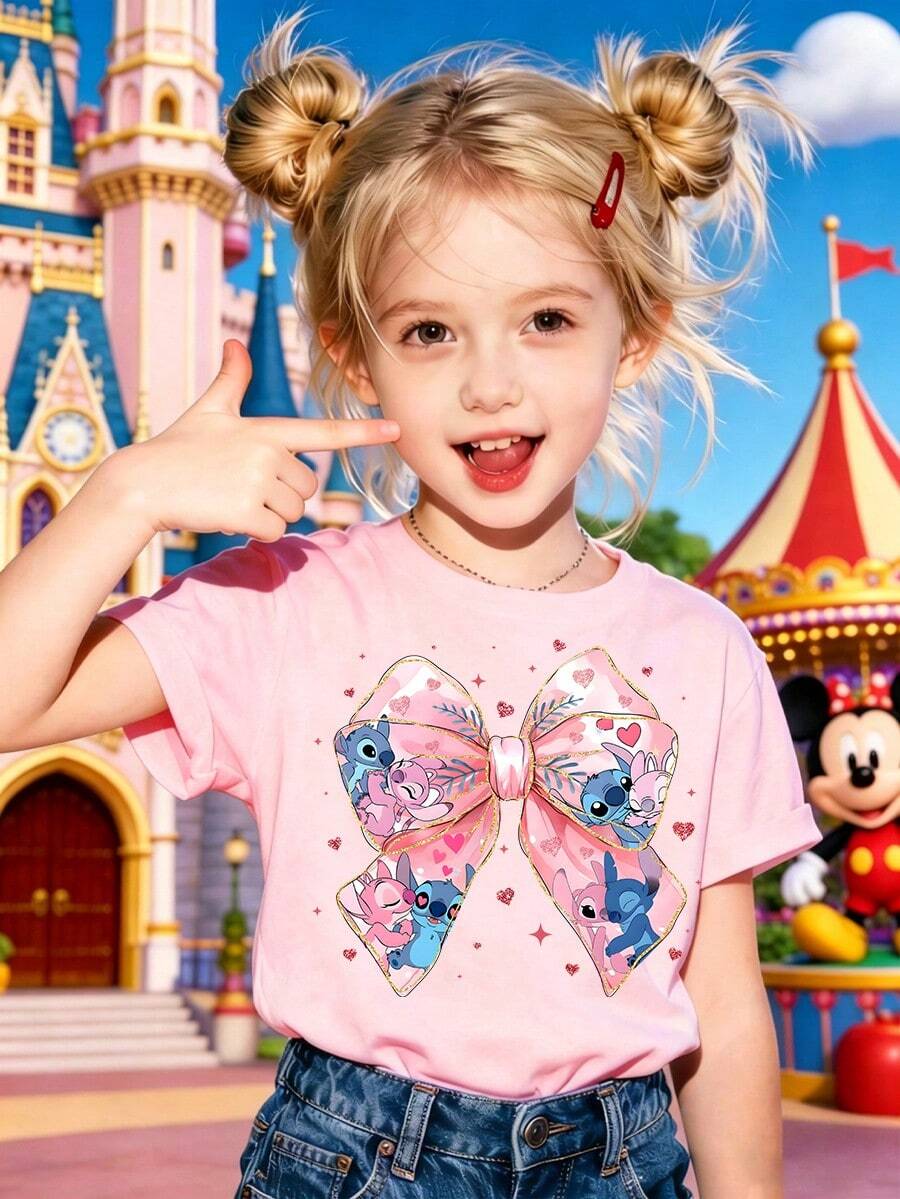 Girls' Disney Lilo & Stitch T-Shirt, Featuring Stitch And Angel Couples On A Glitter Pink Bow With Hearts And Stars Print, Pink Casual Cotton Short Sleeve Tee For Fans And Everyday Wear, Ideal For Disney Trips And Gifts - Pink - View 1