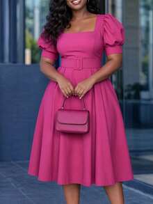 Vestido de Comprimento Médio Feminino NOU, Design de Decote Quadrado Aumenta a Exposição da Pele, Valoriza o Pescoço, Design de Manga Farol Valoriza as Linhas do Braço, Cinto na Cintura Afina a Cintura, Silhueta Solta Plissada em A Adequada a Diversos Tipos Físicos, Tecido Respirável e Leve Adequado para Primavera/Verão, Escritório, Local de Trabalho, Vestido Minimalista Elegante de Cor Sólida de Comprimento Médio, Cinto de Tecido, Adequado para Casamento, Escritório, Diário, Casual, Local de Trabalho, Primavera/Outono - Pink - Visão 6