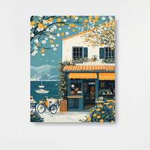 1pc Lienzo de Arte Costero Inspirado en el Mediterráneo - Escena Vibrante de Café junto al Mar con Flores Florecientes y Barcos, Pintura Decorativa sin Marco para Sala de Estar, Regalo Perfecto para Inauguración o Fiestas, 2D Plano, Ideal para Decoración del Hogar - Enmarcado - View 1