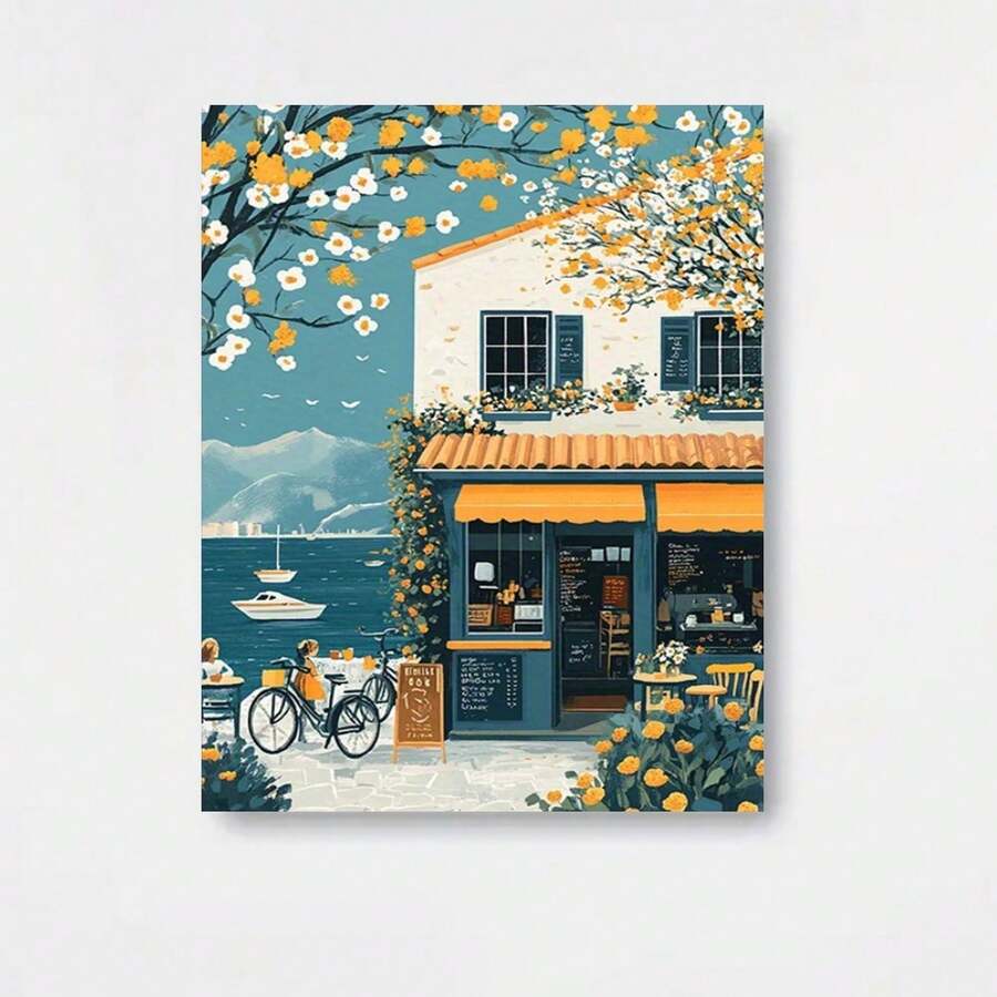 1pc Lienzo de Arte Costero Inspirado en el Mediterráneo - Escena Vibrante de Café junto al Mar con Flores Florecientes y Barcos, Pintura Decorativa sin Marco para Sala de Estar, Regalo Perfecto para Inauguración o Fiestas, 2D Plano, Ideal para Decoración del Hogar - Enmarcado - View 1