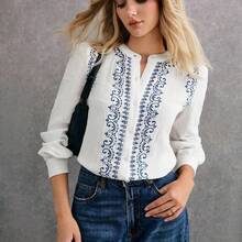 Women's fashion  Blusa elegante de mujer con estampado floral, manga abullonada y abotonadura sencilla, estilo bohemio vintage, blusa de manga larga blanca, blusa de estilo bohemio para mujer, blusa de manga larga, blusa de otoño para mujer, blusas y camisas occidentales para mujer, blusa abotonada estilo bohemio - Albaricoque - Ver 5